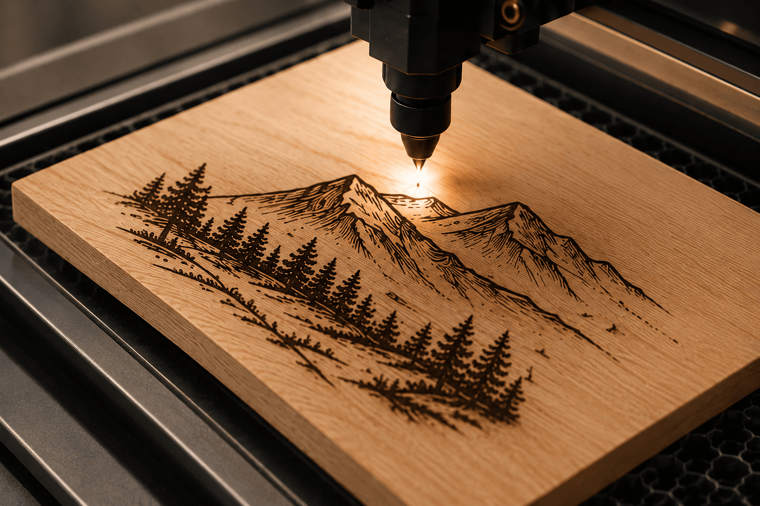 Tête laser gravant un paysage de montagnes et de sapins dans une planche de chêne
